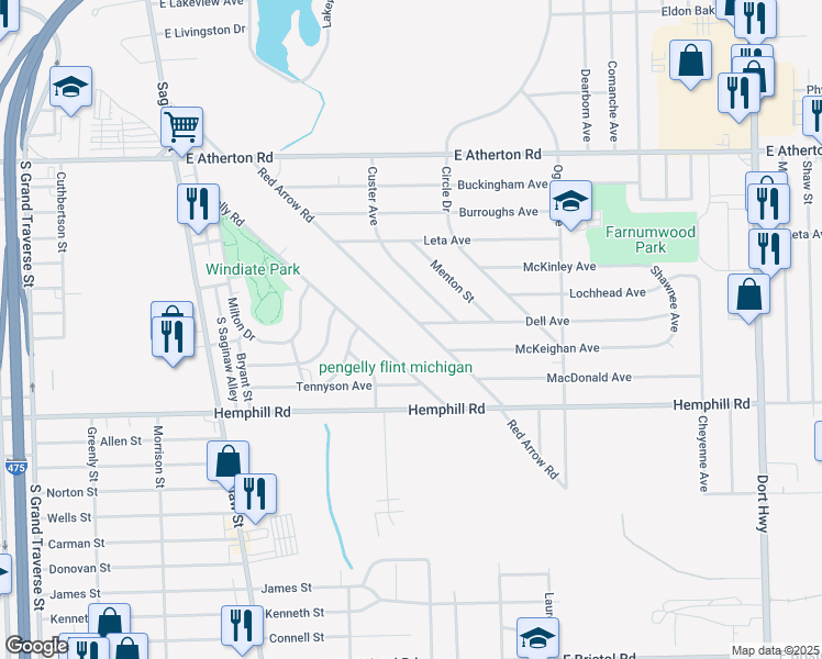 map of restaurants, bars, coffee shops, grocery stores, and more near 4330 Red Arrow Road in Flint
