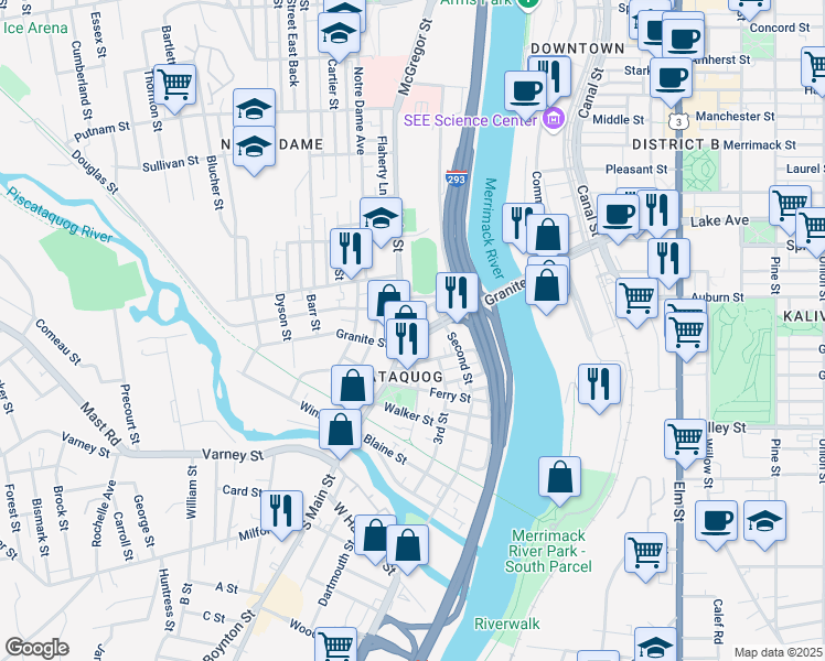 map of restaurants, bars, coffee shops, grocery stores, and more near 349 Granite Street in Manchester