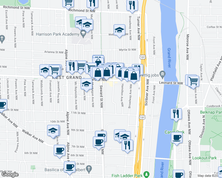 map of restaurants, bars, coffee shops, grocery stores, and more near 1127 Quarry Avenue Northwest in Grand Rapids
