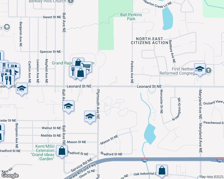 map of restaurants, bars, coffee shops, grocery stores, and more near 1870 Leonard Street Northeast in Grand Rapids