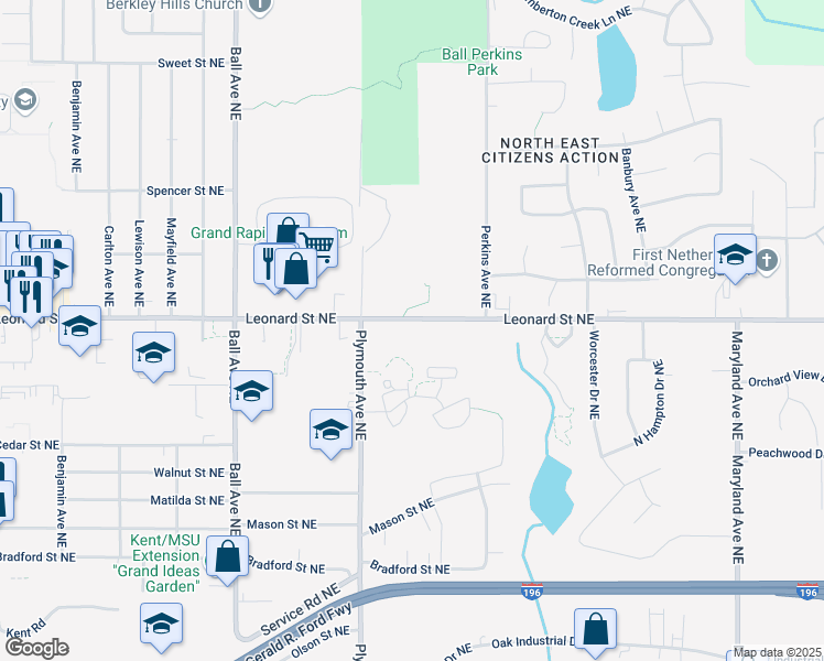 map of restaurants, bars, coffee shops, grocery stores, and more near 1870 Leonard Street Northeast in Grand Rapids