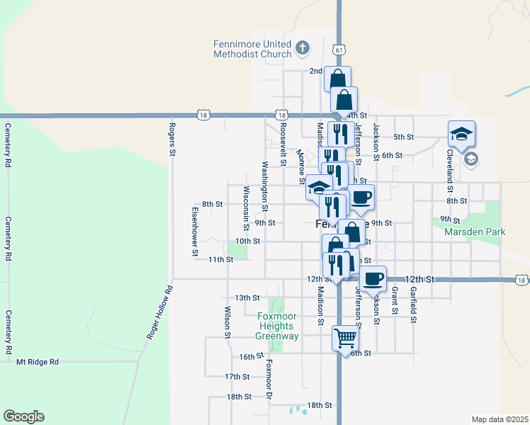 map of restaurants, bars, coffee shops, grocery stores, and more near 845 Washington Street in Fennimore