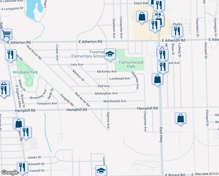 map of restaurants, bars, coffee shops, grocery stores, and more near 4401 Ogema Avenue in Flint
