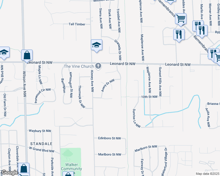 map of restaurants, bars, coffee shops, grocery stores, and more near 1061 Avery Drive Northwest in Walker