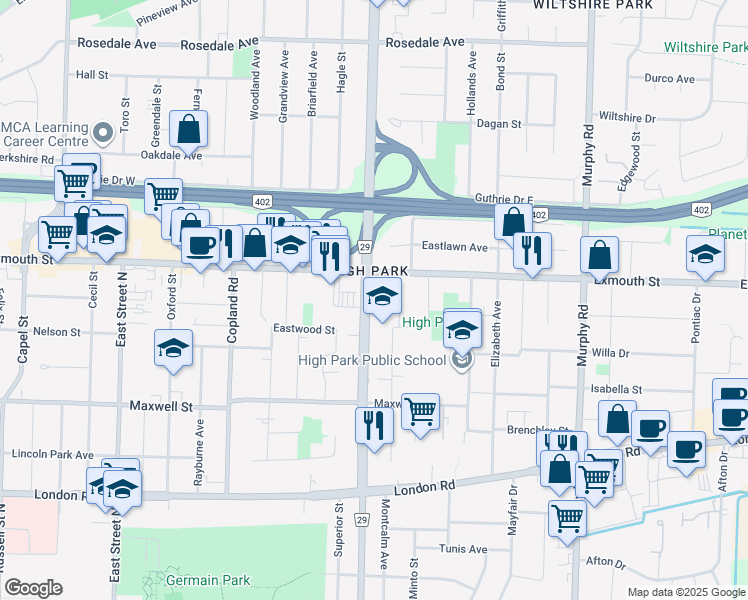 map of restaurants, bars, coffee shops, grocery stores, and more near 778 Indian Road North in Sarnia