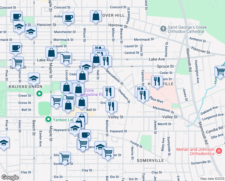 map of restaurants, bars, coffee shops, grocery stores, and more near 9 Dearborn Street in Manchester