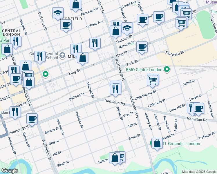 map of restaurants, bars, coffee shops, grocery stores, and more near 279 William Street in London