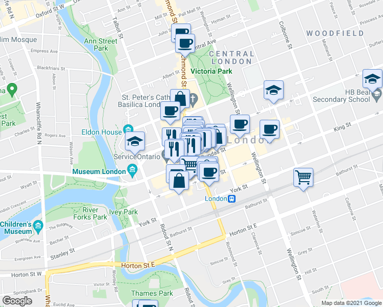 map of restaurants, bars, coffee shops, grocery stores, and more near in London