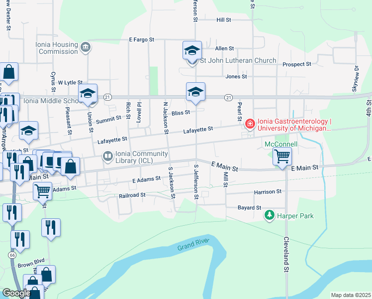map of restaurants, bars, coffee shops, grocery stores, and more near 335 East Washington Street in Ionia