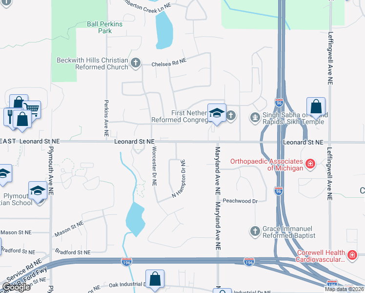map of restaurants, bars, coffee shops, grocery stores, and more near 2250 Leonard Street Northeast in Grand Rapids
