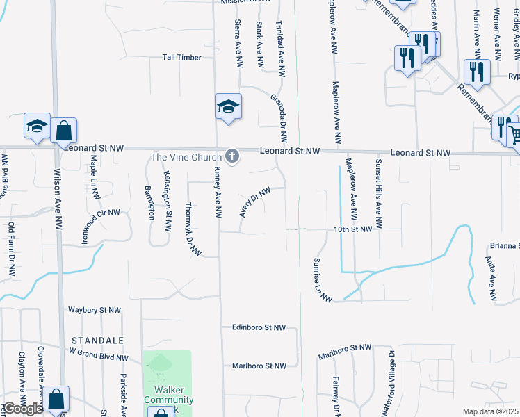map of restaurants, bars, coffee shops, grocery stores, and more near 1061 Avery Drive Northwest in Walker