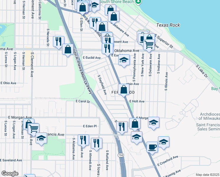 map of restaurants, bars, coffee shops, grocery stores, and more near 3306 South Dayfield Avenue in Milwaukee