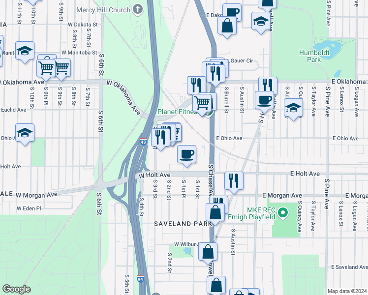 map of restaurants, bars, coffee shops, grocery stores, and more near 150 West Holt Avenue in Milwaukee