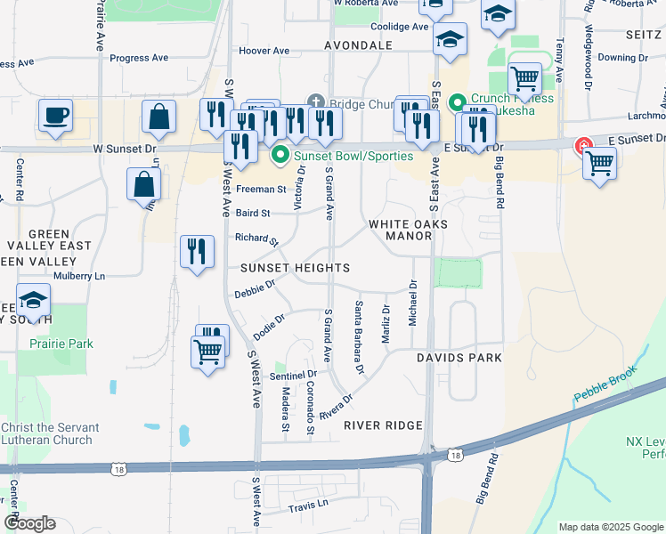 map of restaurants, bars, coffee shops, grocery stores, and more near 1621 South Grand Avenue in Waukesha