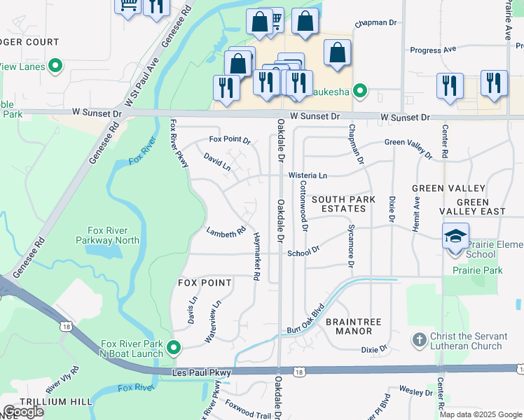 map of restaurants, bars, coffee shops, grocery stores, and more near 1221 Lambeth Road in Waukesha