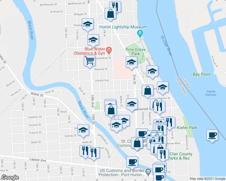 map of restaurants, bars, coffee shops, grocery stores, and more near 1108 Rawlins St in Port Huron