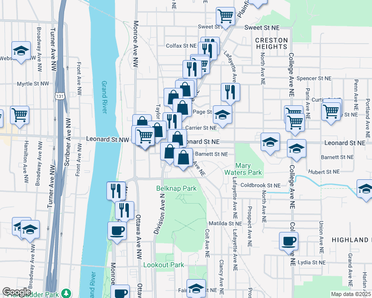 map of restaurants, bars, coffee shops, grocery stores, and more near 1141 Gill Avenue Northeast in Grand Rapids