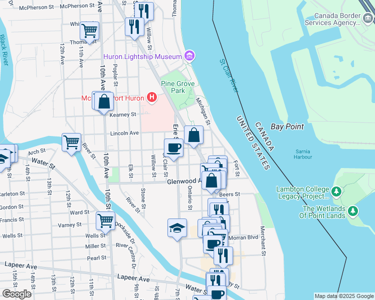 map of restaurants, bars, coffee shops, grocery stores, and more near 708 Rawlins Street in Port Huron