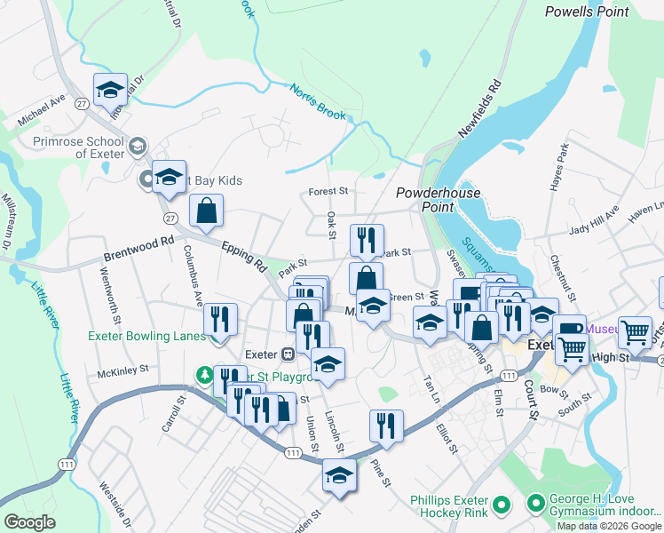 map of restaurants, bars, coffee shops, grocery stores, and more near 48 Park Street in Exeter