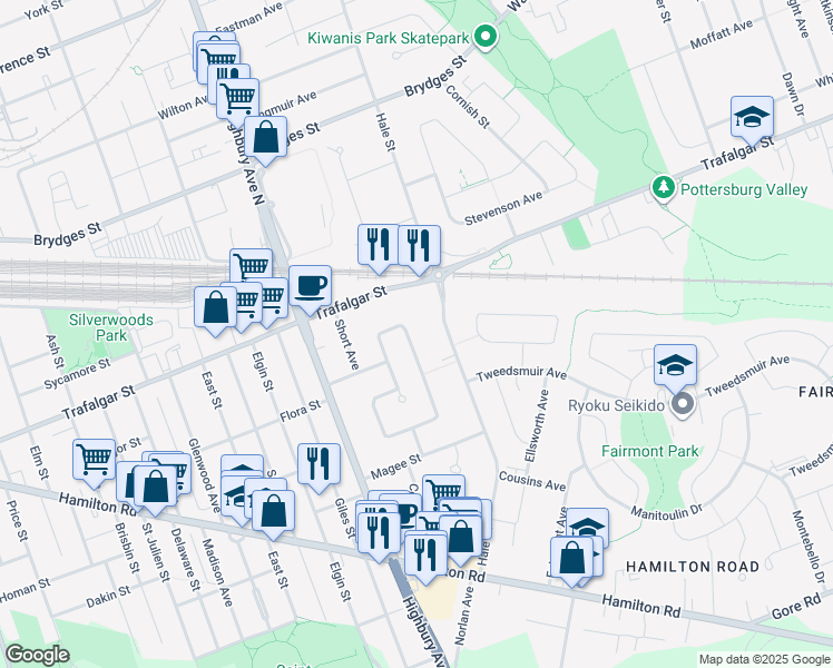 map of restaurants, bars, coffee shops, grocery stores, and more near 167 Fairhaven Circle in London