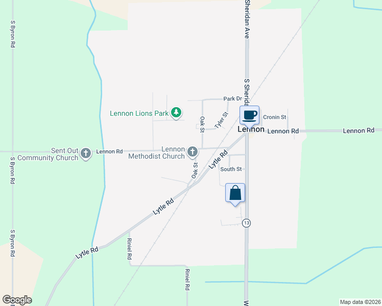 map of restaurants, bars, coffee shops, grocery stores, and more near 11656 Lennon Road in Lennon