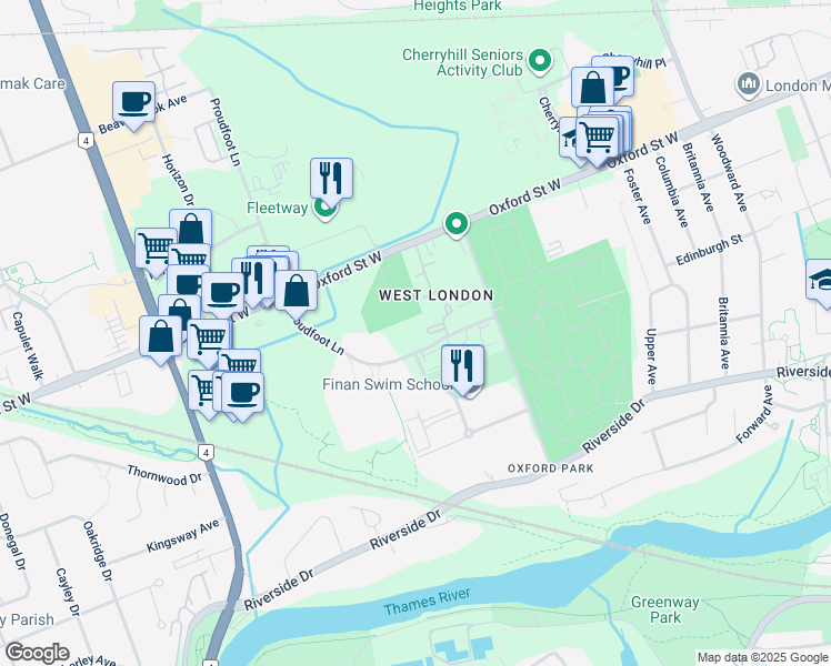 map of restaurants, bars, coffee shops, grocery stores, and more near 560 Proudfoot Lane in London