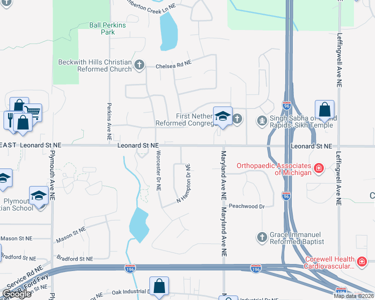 map of restaurants, bars, coffee shops, grocery stores, and more near 2250 Leonard Street Northeast in Grand Rapids