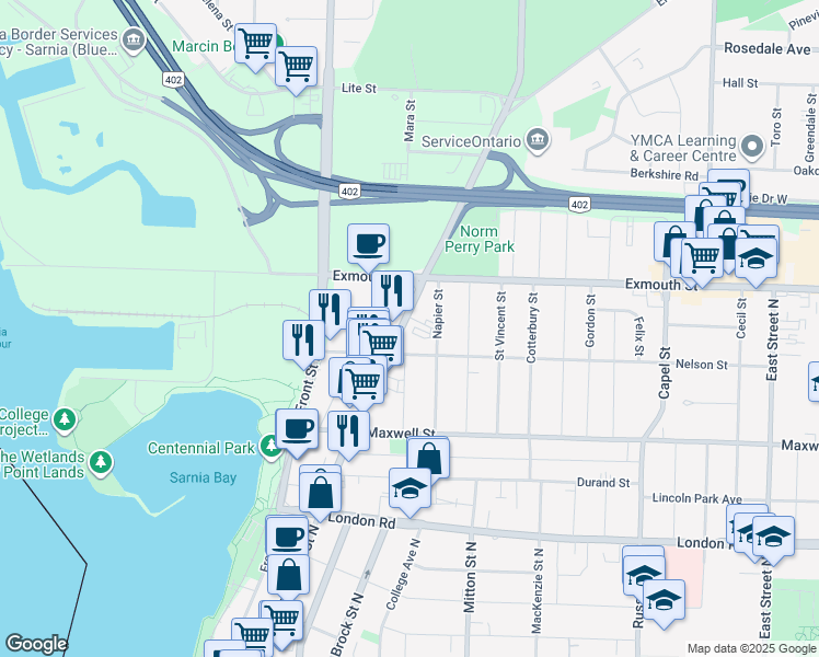 map of restaurants, bars, coffee shops, grocery stores, and more near 546 Christina Street North in Sarnia