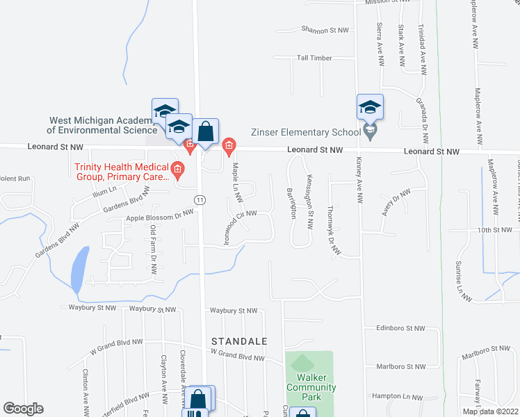 map of restaurants, bars, coffee shops, grocery stores, and more near 986 Country Gardens Northwest in Grand Rapids