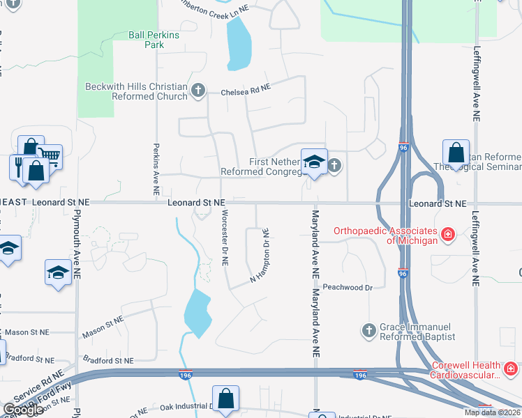 map of restaurants, bars, coffee shops, grocery stores, and more near 2250 Leonard Street Northeast in Grand Rapids