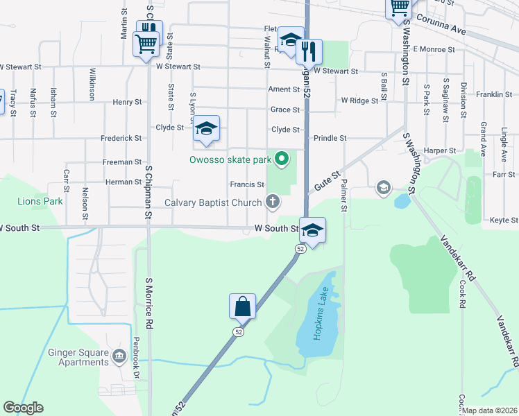 map of restaurants, bars, coffee shops, grocery stores, and more near 1418 Walnut Street in Owosso