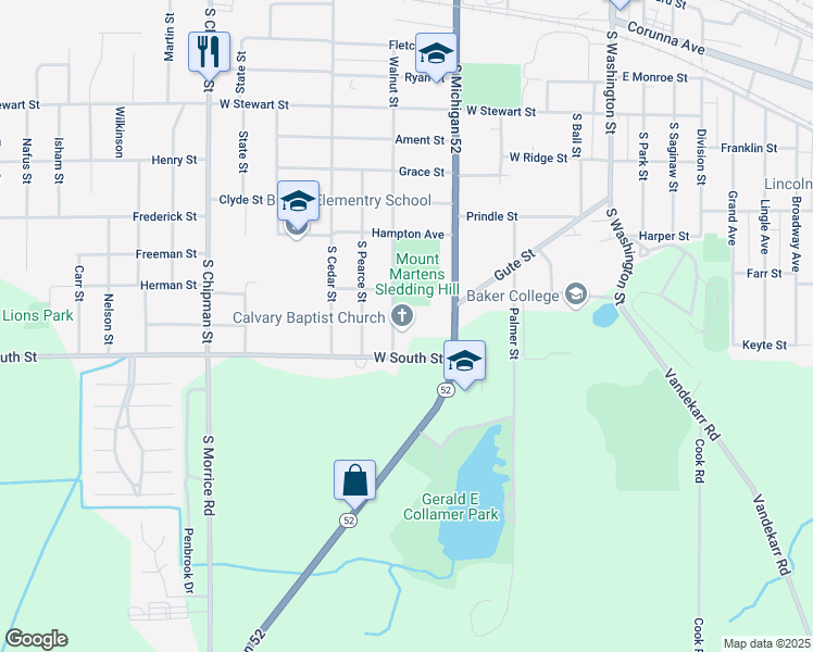 map of restaurants, bars, coffee shops, grocery stores, and more near 650 West South Street in Owosso