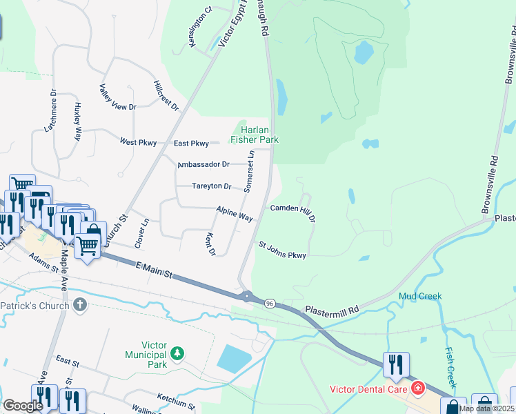 map of restaurants, bars, coffee shops, grocery stores, and more near 25 Lynaugh Road in Victor