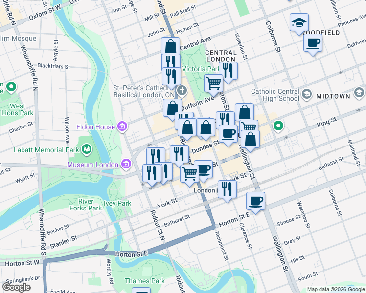 map of restaurants, bars, coffee shops, grocery stores, and more near 423 Richmond Street in London