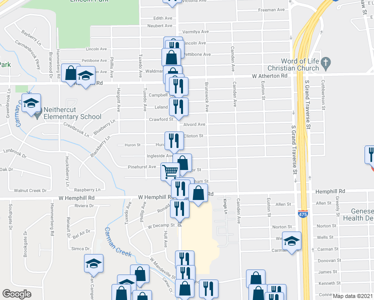 map of restaurants, bars, coffee shops, grocery stores, and more near 951 Huron Street in Flint