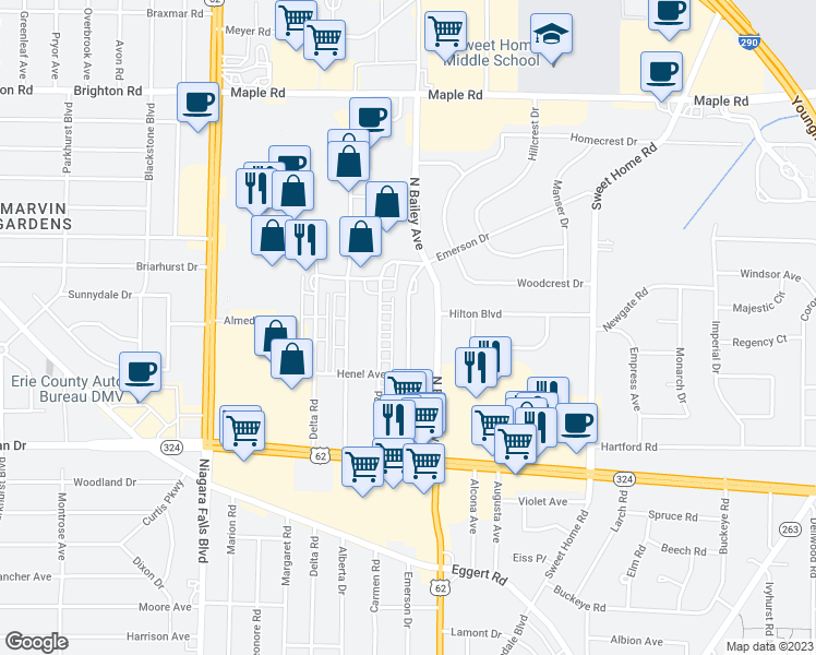 map of restaurants, bars, coffee shops, grocery stores, and more near 427 Emerson Dr in Erie