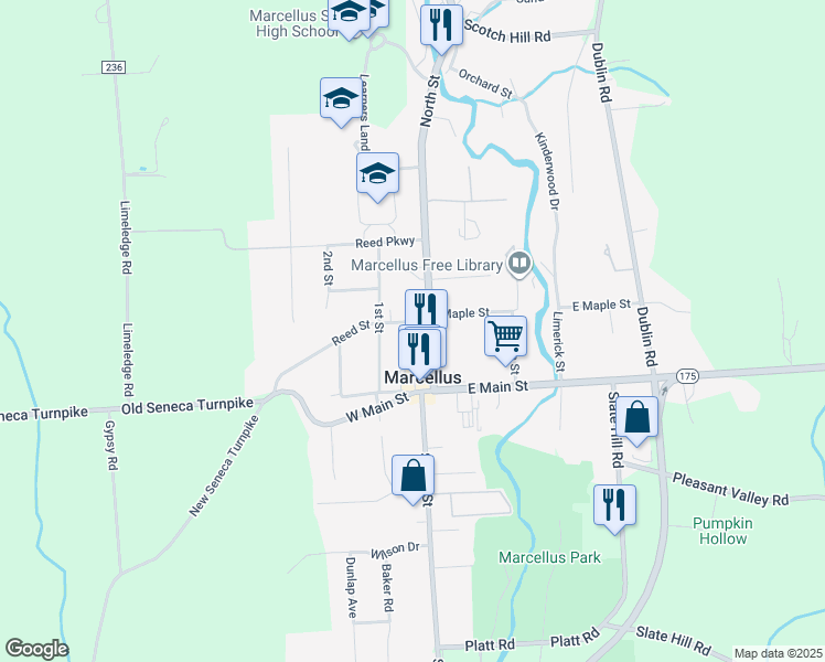 map of restaurants, bars, coffee shops, grocery stores, and more near 5 Reed Street in Marcellus
