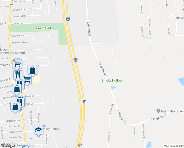 map of restaurants, bars, coffee shops, grocery stores, and more near 4403 Lafayette Road in Jamesville