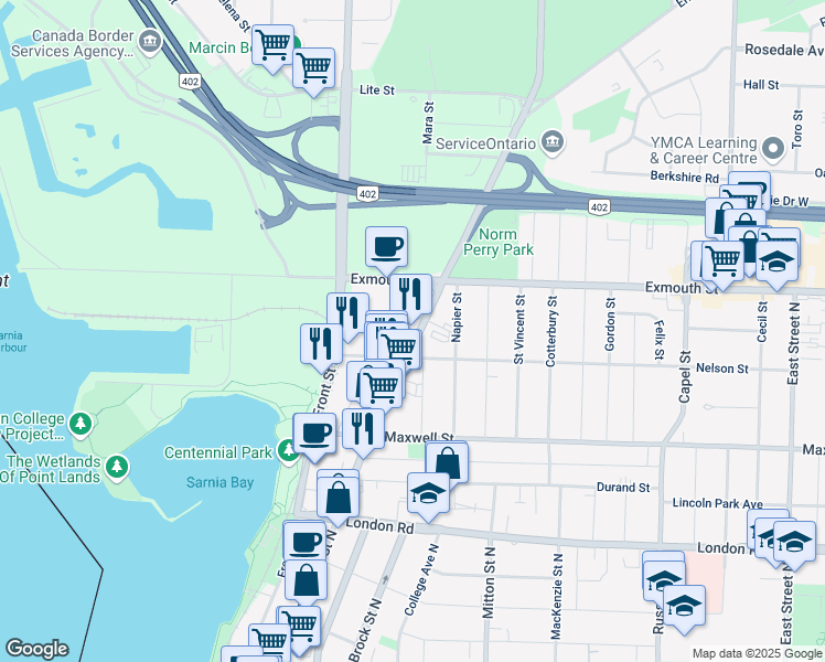 map of restaurants, bars, coffee shops, grocery stores, and more near 539 Christina Street North in Sarnia