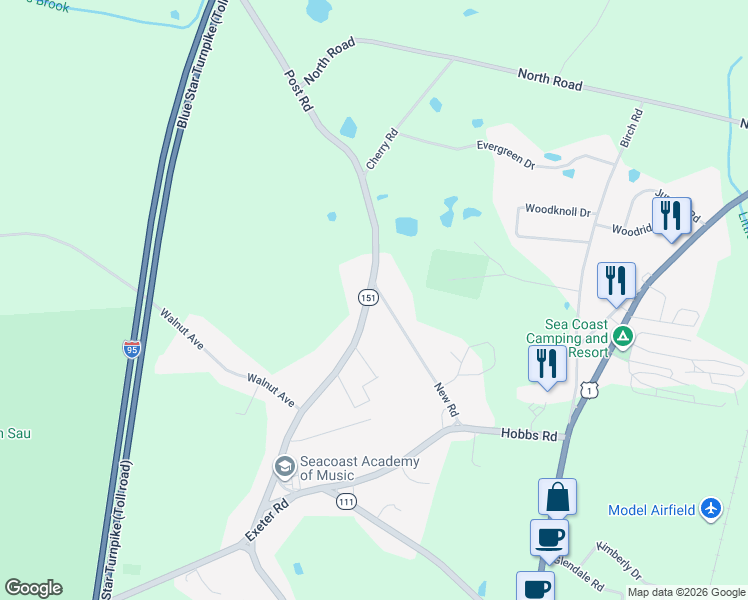 map of restaurants, bars, coffee shops, grocery stores, and more near 24 New Road in North Hampton