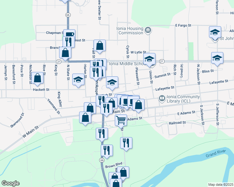 map of restaurants, bars, coffee shops, grocery stores, and more near 325 High Street in Ionia