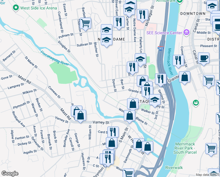 map of restaurants, bars, coffee shops, grocery stores, and more near 12 Quincy Street in Manchester
