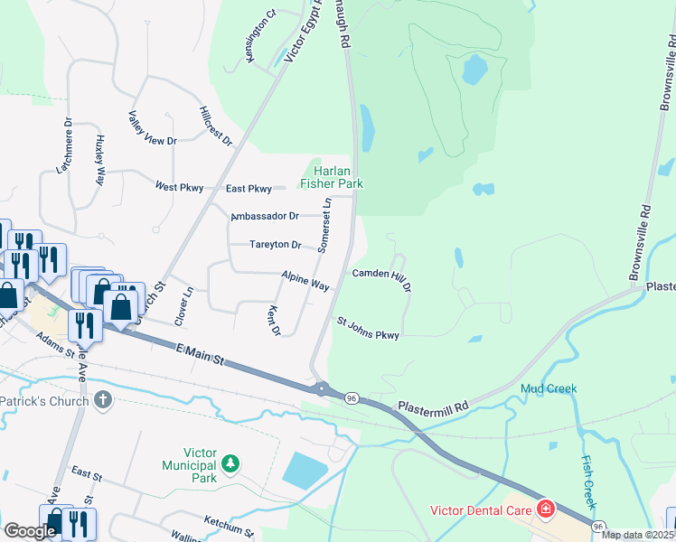 map of restaurants, bars, coffee shops, grocery stores, and more near 25 Lynaugh Road in Victor