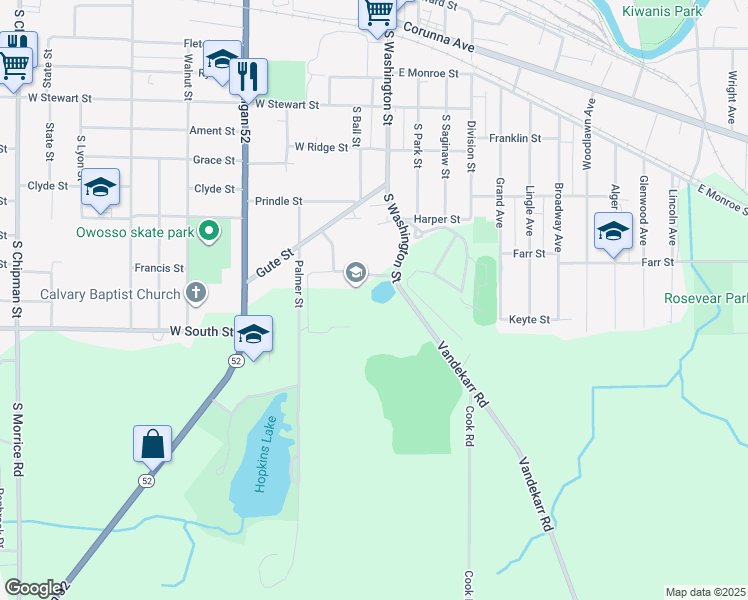 map of restaurants, bars, coffee shops, grocery stores, and more near 1230 South Washington Street in Owosso