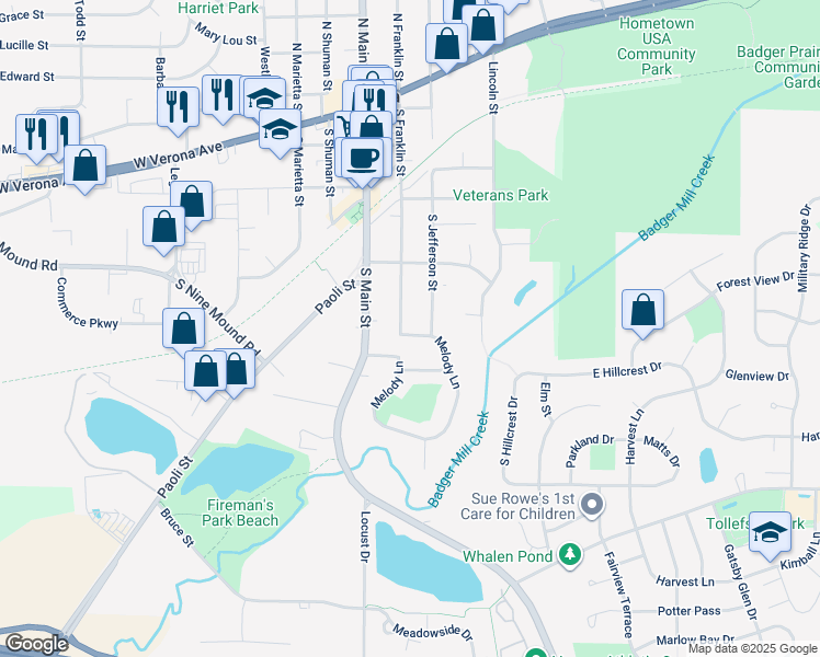 map of restaurants, bars, coffee shops, grocery stores, and more near 415 South Franklin Street in Verona