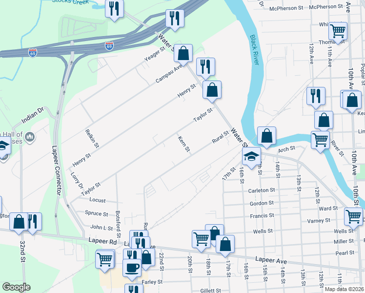 map of restaurants, bars, coffee shops, grocery stores, and more near 1832 Kern Street in Port Huron