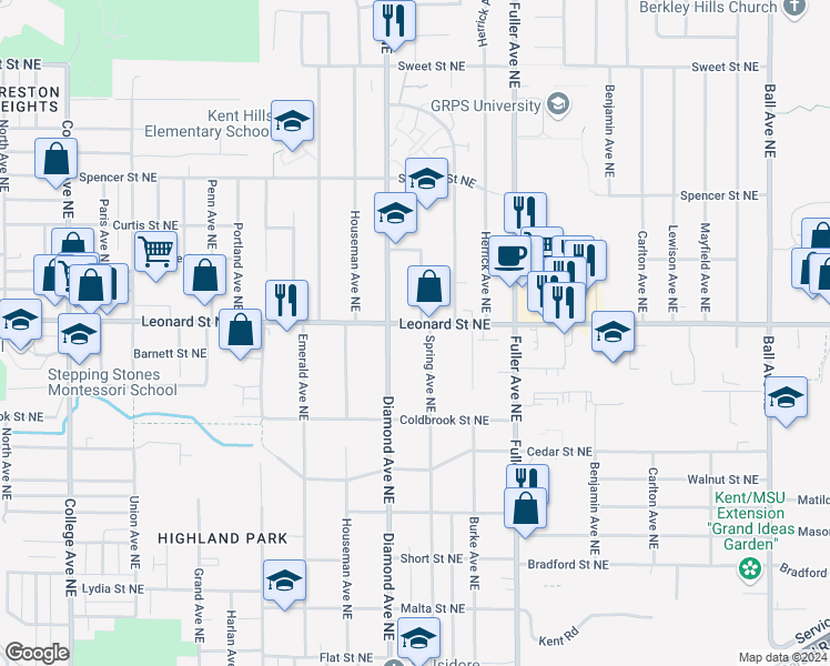map of restaurants, bars, coffee shops, grocery stores, and more near 1022 Leonard Street Northeast in Grand Rapids