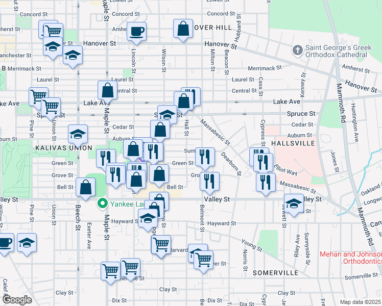 map of restaurants, bars, coffee shops, grocery stores, and more near 667 Summer Street in Manchester