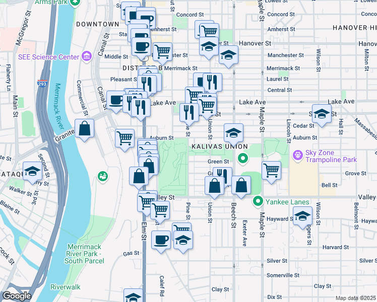map of restaurants, bars, coffee shops, grocery stores, and more near 188 Pine Street in Manchester