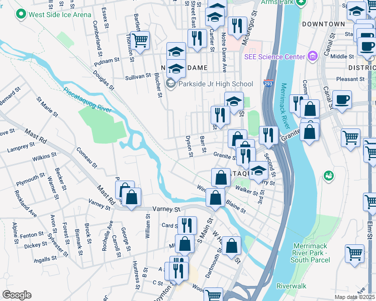 map of restaurants, bars, coffee shops, grocery stores, and more near 517 Granite Street in Manchester
